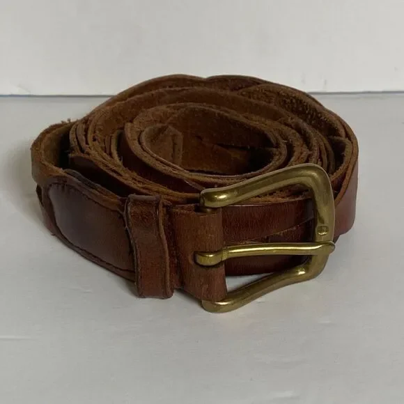 Eddie Bauer Brown Leather Interlocking Belt Solid Brass Buckle Size 42 Vintage