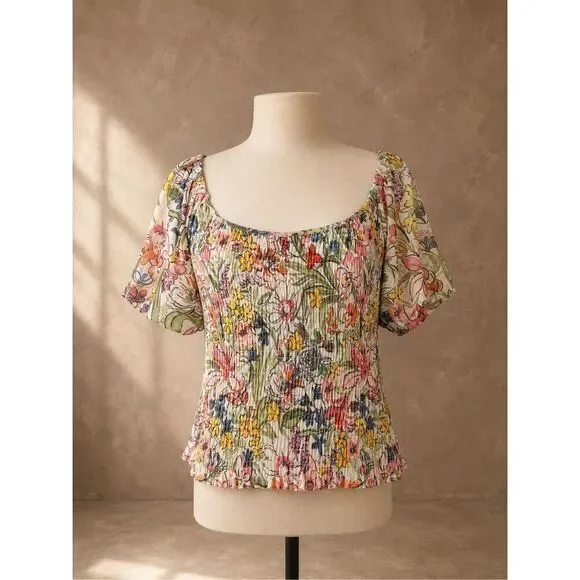 Anthropologie Smocked Floral Puff Sleeve Top Multicolor Size M Stretchy Summer B