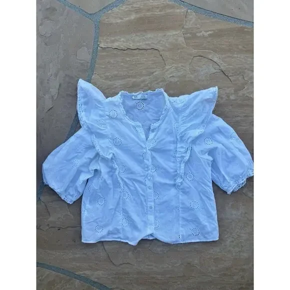 Zara Trf Collection White Puff Sleeve Blouse Button Ruffle Design Sz Small
