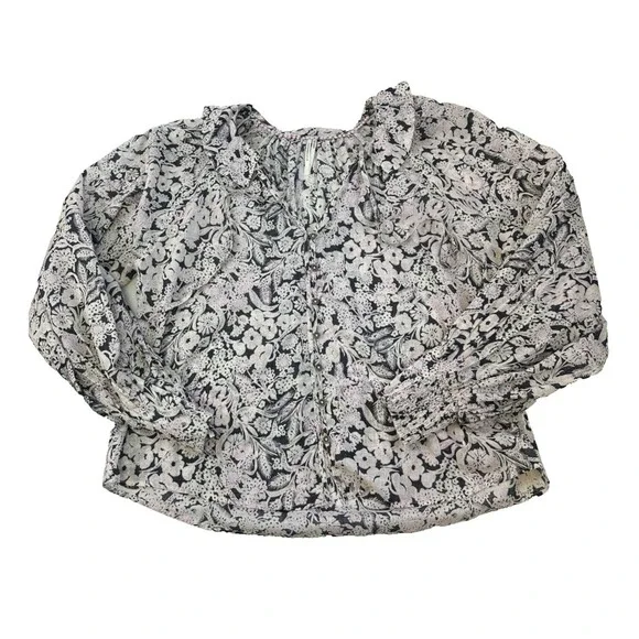 Anthropologie Floral Ruffle Peasant Top Long Puff Sleeves Button Cotton Large