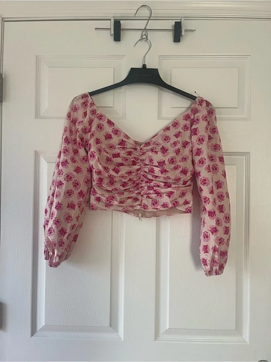 J.Crew Pink Floral Ruched V-Neck Crop Blouse