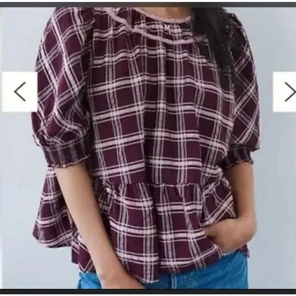 Find Me Now Anthropologie kady plaid puff sleeve blouse M