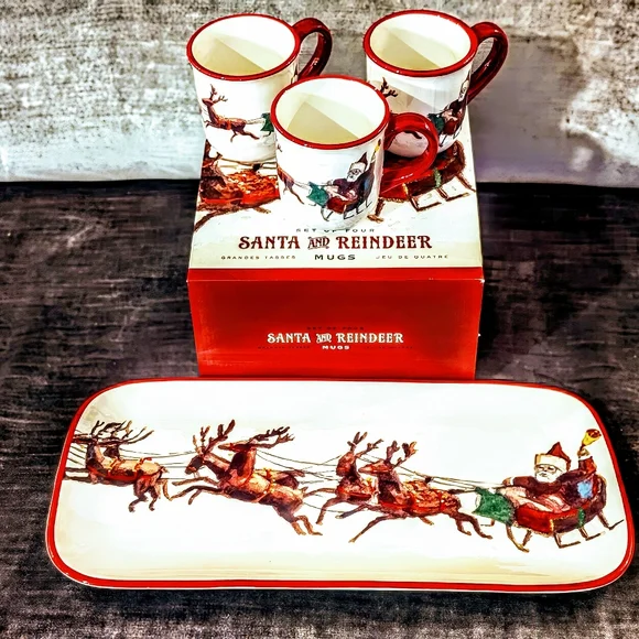 WILLIAMS & SONOMA Santa & His Reindeer Mugs (3) & Platter Set  By MARK LACAZE