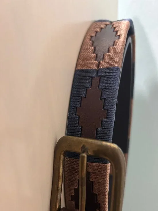 pampeano Brown Leather Argentine Polo Belt Navy Tan Embroidered