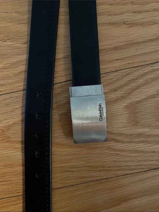 Calvin Klein Black Leather Belt with Brushed Silver Buckle