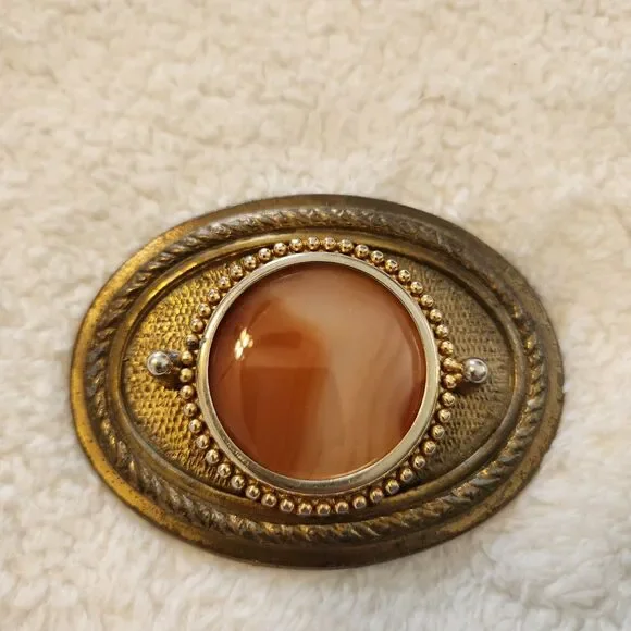 Vintage Western Belt Buckle Bronze Brass Tone Pink Faux Swirled Stone Cowboy