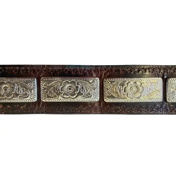 Vintage Brown Leather Silver Accent Western Cowboy Belt Men size 36