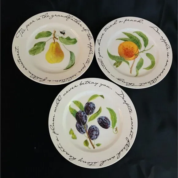 3 Williams Sonoma ORCHARD SUITE Accent Salad Plate Pears Plum Peach Fruit