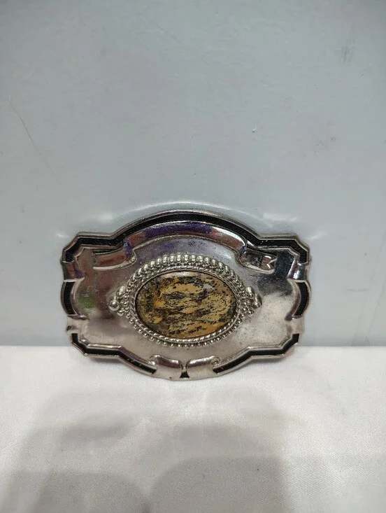 Vintage Silver Tone Trophy Belt Buckle Dendritic Agate Picture Jasper Stone