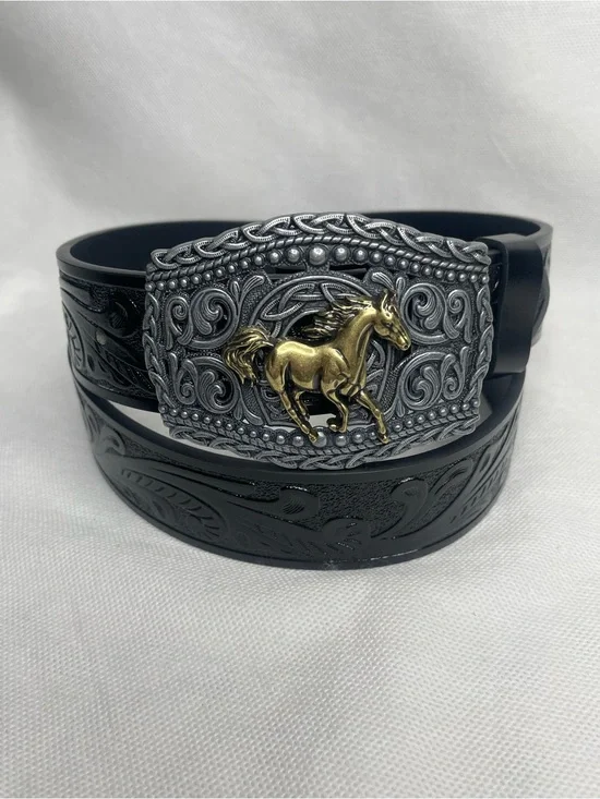 Vintage Western Tooled Big Buckle Belt Size 34 Black Etched Leather Silver Gold