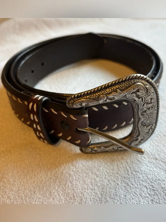 Western Style 42” Brown Leather Belt with Silver Buckle