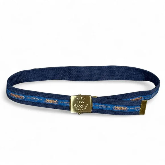 Vintage Levis Belt Mens 30 Blue Canvas Slide 1980 Olympic Games USA 80s