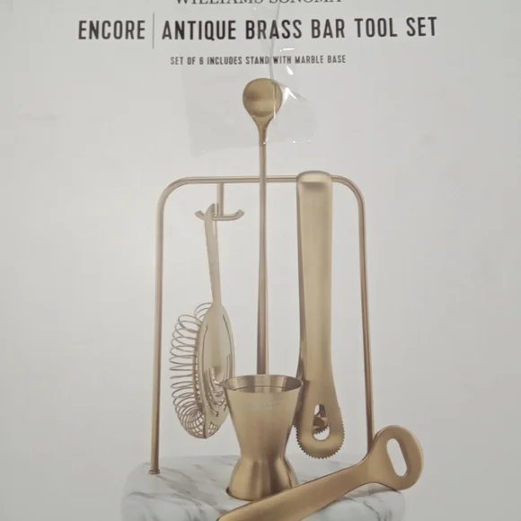 Williams Sonoma Encore Antique Brass Bar Tool Set with Marble Base Barware NIB