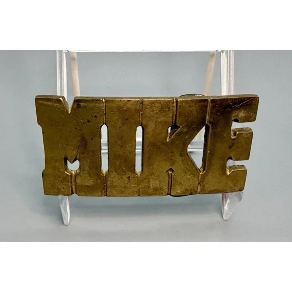 Vintage men's name solid brass belt Baron buckle Mike Taiwan 1970's #4003