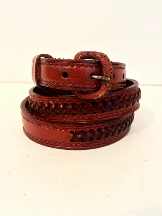 Brown Leather Braided Inset & Tooled Border Belt