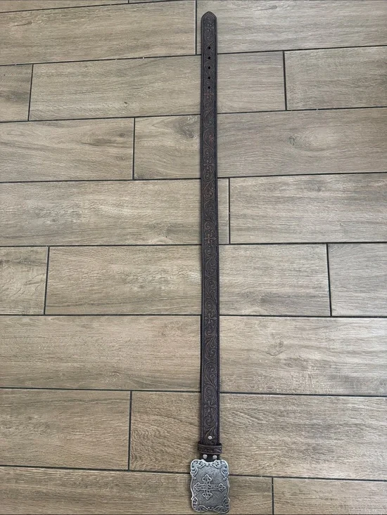 Nocona Belt Co. Brown Leather Western Belt With Cross Design & Silver Buckle