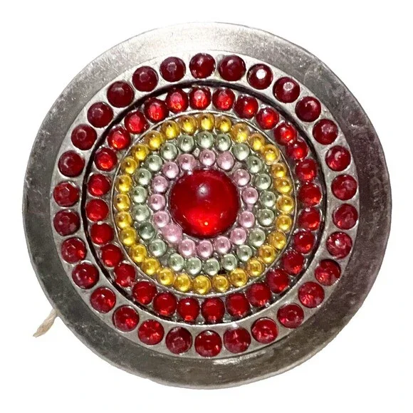 Women's Belt Buckle Round Red Yellow Gold Crystals 2.5 in Diameter Boho Vintage?