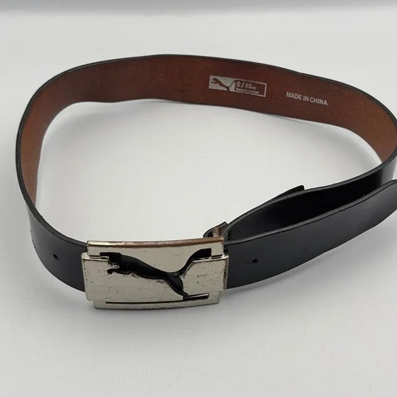 Puma Black Genuine Leather Belt Silver Logo Cutout Plaque Buckle Size S 80cm