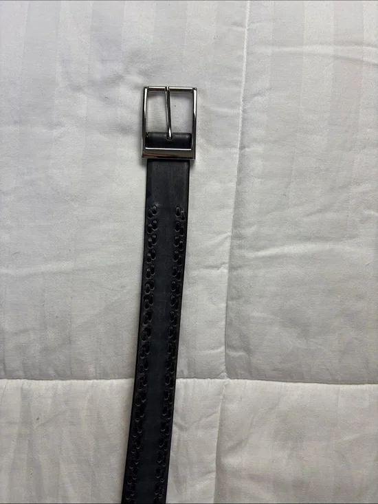 Cole Haan Black Leather Belt with Silver-Tone Buckle and Braided Detail