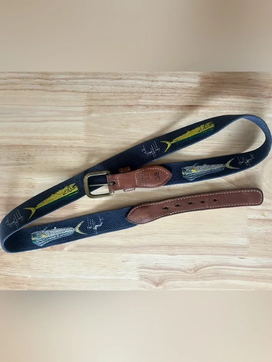 Guy Harvey Navy Web Belt with Mahi, Dolphin Fish Embroidery and Brown Leather