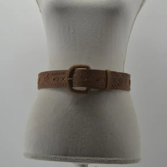 Western Leather Mens Size 28 Belt Tooled Stitched Brown Cowboy