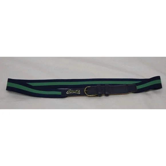 Le Tigre Web‎ Stretch Belt Mens 33 Navy Blue Green Striped Canvas Preppy Logo