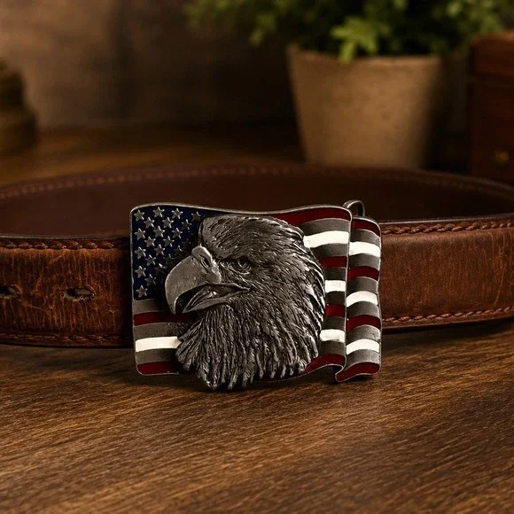 Vintage Western Leather Belt‎ Eagle American Flag Buckle Brown Mens Size 42