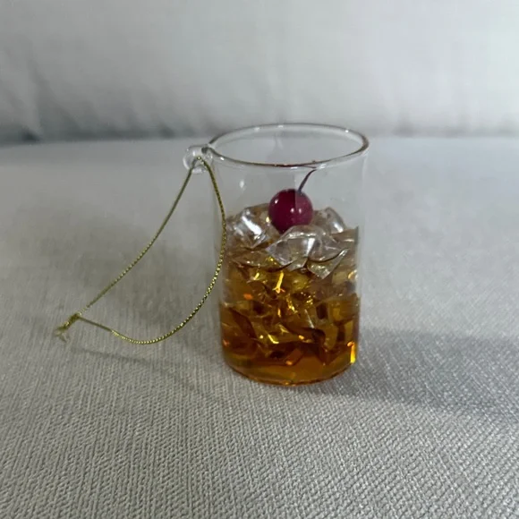 Williams Sonoma Whiskey Glass Manhattan Ornament with Gold and Cherry Accents