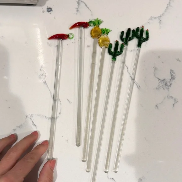☀️🏝️ Glass Stirrers Set - Chili, Pineapple, Cactus Designs - Tropical