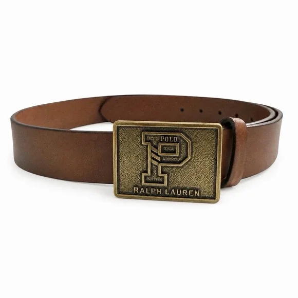 Polo Ralph Lauren Varsity P Logo Leather Belt Brown Brass Buckle Size 36 Rare