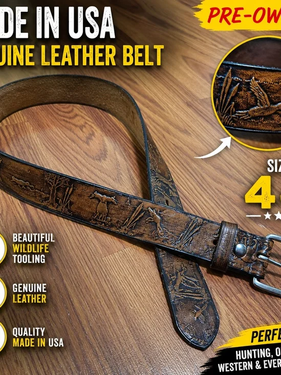 Made USA Genuine Leather Belt Size 44 Brown Duck Wildlife Tooled Western Hunting