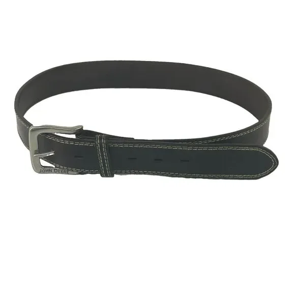 John Deere Top Grain Brown Leather Belt Men Size 34 Silver Buckle Double Stitch