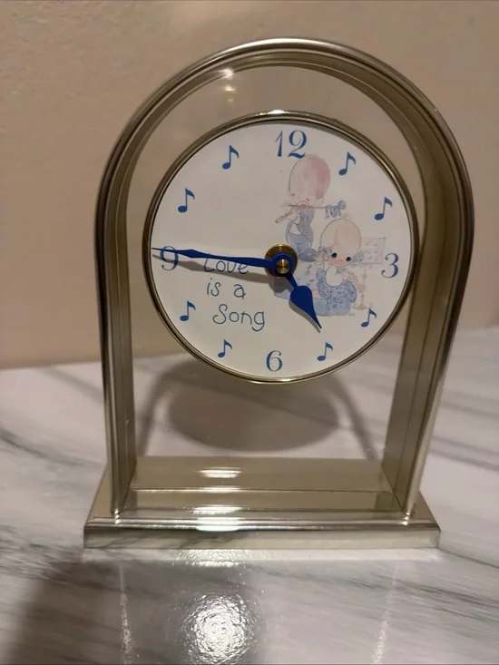 Precious Moments Blue and Cream Glass Arch Mantel Clock