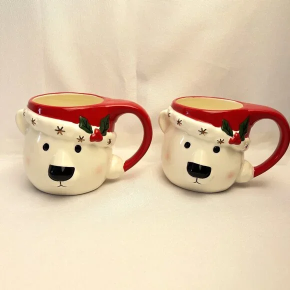 William Sonoma Polar Bear Figural 16 oz. Mugs Christmas Holiday Winter Set of 2