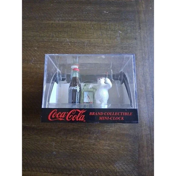 Coca Cola Collectable Mini Clock Bear w/ Coke Bottles in Plastic Case