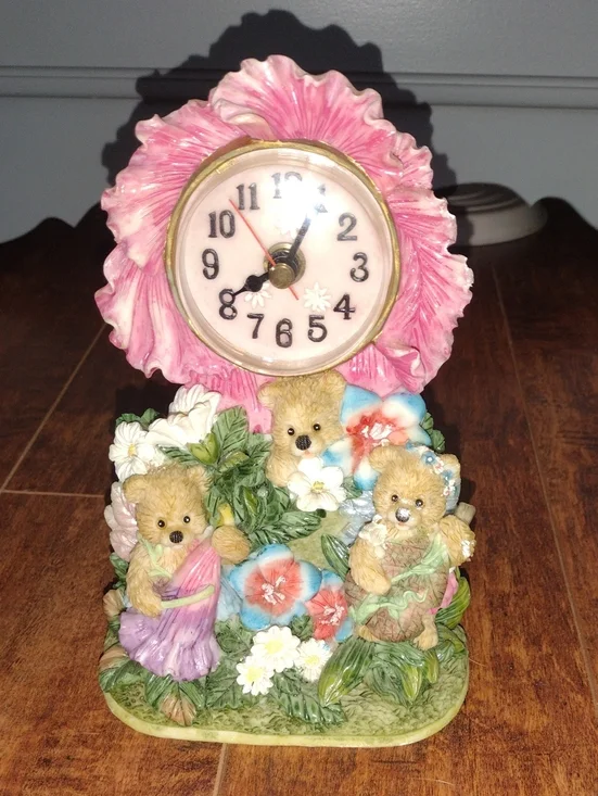 Pink Floral Teddy Bear Mantel Clock - Decorative Home Wall Decor