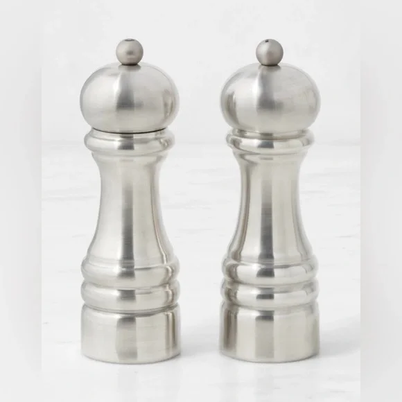 Williams Sonoma Polished Pewter 6” Salt & Pepper Mills Set, NIB, Retail $249