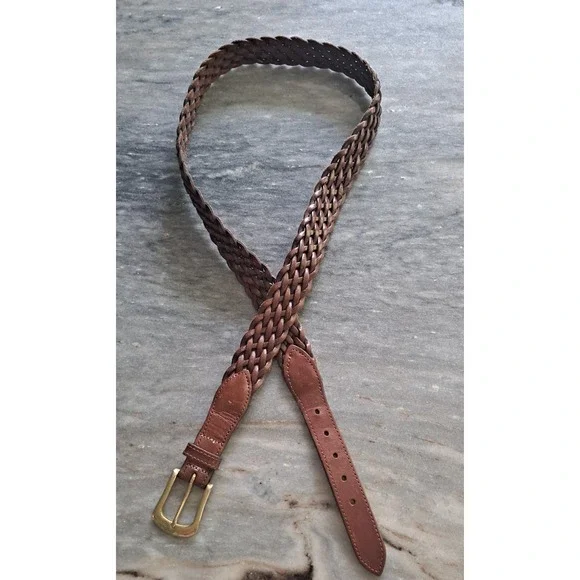 Full Grain Cowhide Argentina Brown Woven Leather Belt Solid Brass Buckle Sz 40