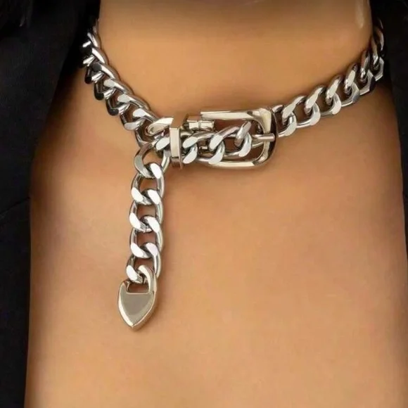 Silver Chain Belt Style Choker Necklace