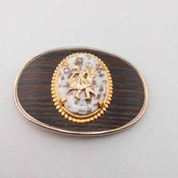 Unique Vintage‎ Western Belt Buckle Square Dancing Gold With Wood Background.