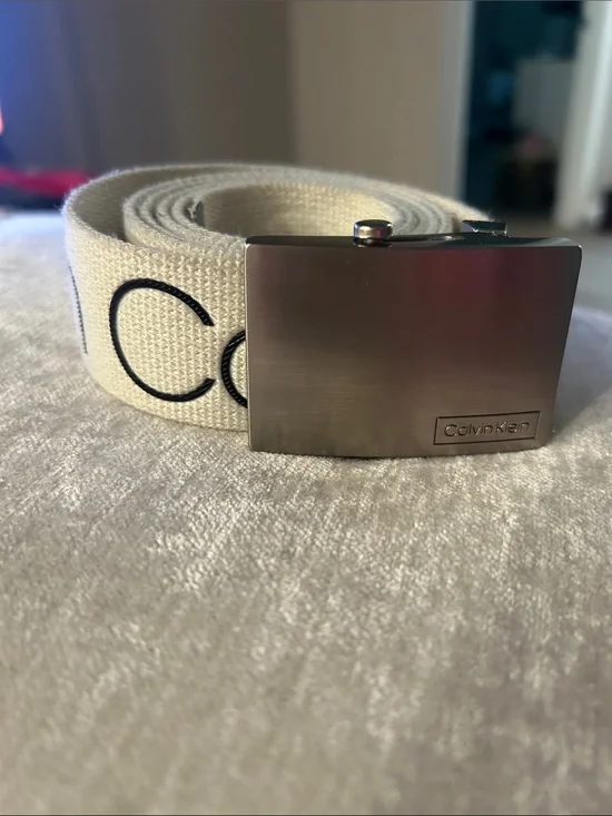 Calvin Klein Cream Canvas Belt with Silver Buckle