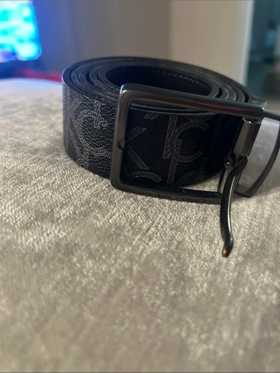 Calvin Klein Black Monogram Leather Belt with Dark Gunmetal Buckle