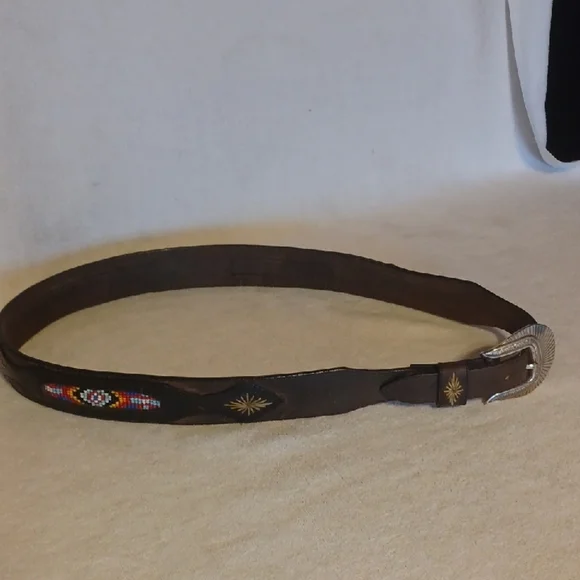 Vintage Brown Leather Belt with Beaded Accents 34-36 Inch