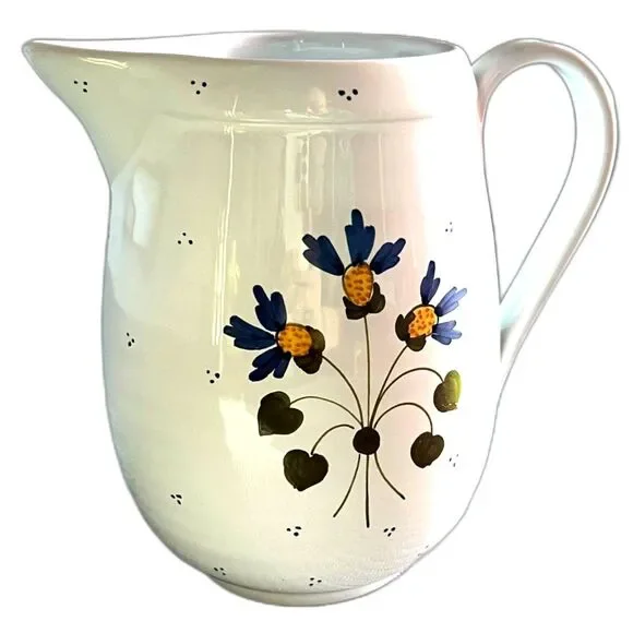 Vintage Williams Sonoma Italian Ceramic Pitcher Vase Blue Yellow Flowers 7.5
