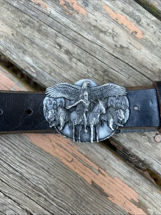 Men's Black Leather Belt with Silver Eagle & Rider Buckle