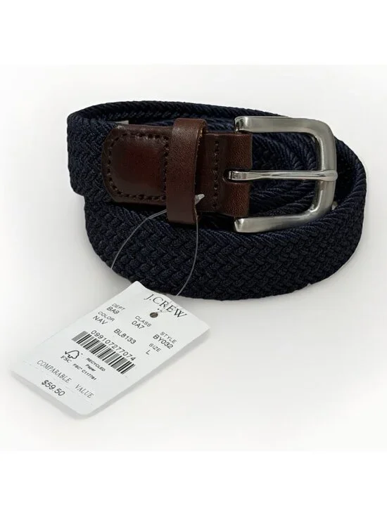 J Crew Factory Men’s Navy Blue Woven Belt Size L Large with leather ends