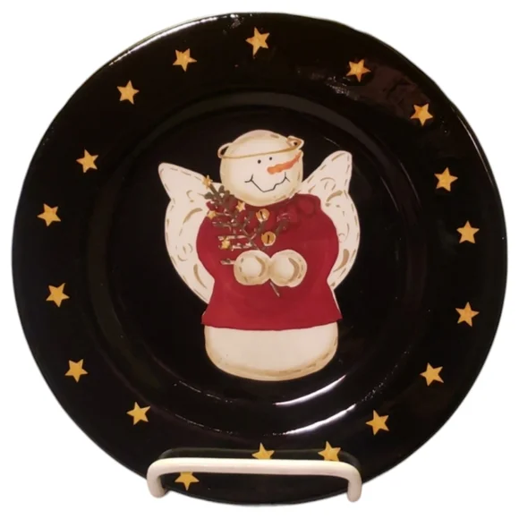 Vtg Set Of 4 Black Salad Dessert Plates Sonoma Snowman Angels