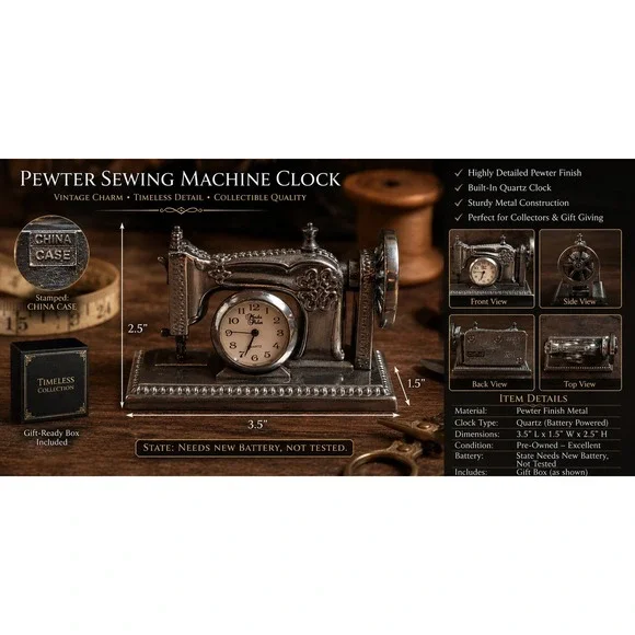 Martha Pullen Vintage Style Sewing Machine Clock Miniature Collectible