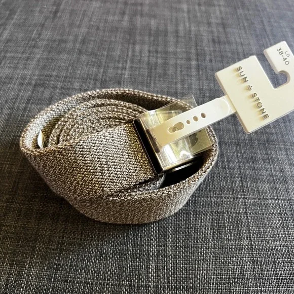 Sun Stone Men's Brown‎ Khaki Woven Belt Gold Buckle Size Large 38-40 Stretchy