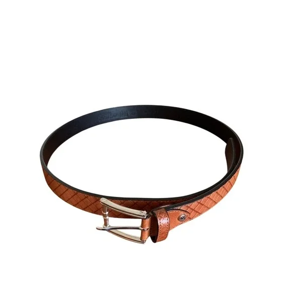 Stacy Adams Men's S 44 Tan Leather Webster Diamond‎ Embossed Belt Silver Buckle